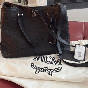 MCM Black Leather Monogram Tote